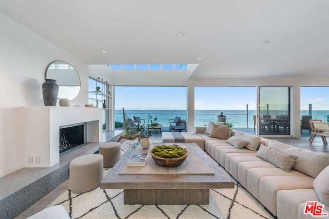 living room with light hardwood / wood-style flooring and a water view