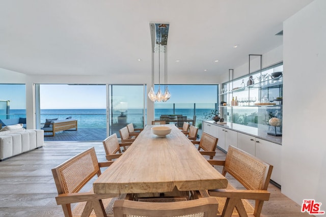 dining area with a water view, light hardwood / wood-style floors, and a healthy amount of sunlight