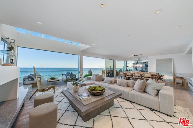 living room with light hardwood / wood-style flooring and a water view