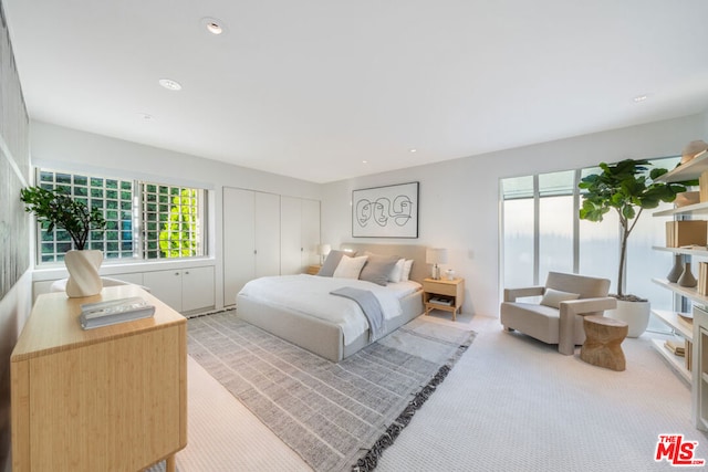 bedroom featuring light carpet and multiple windows