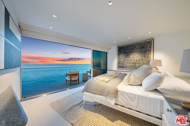 carpeted bedroom with a water view