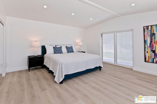 bedroom with access to outside, light hardwood / wood-style flooring, and lofted ceiling with beams