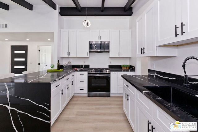 kitchen featuring light wood-type flooring, stainless steel appliances, sink, beam ceiling, and pendant lighting