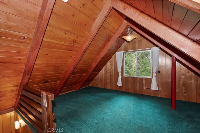 bonus room with wooden walls, carpet floors, wooden ceiling, and lofted ceiling with beams