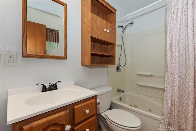 full bath featuring shower / bath combination with curtain, vanity, and toilet
