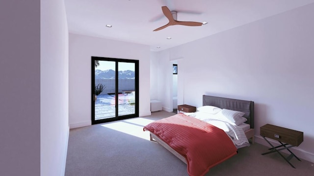 carpeted bedroom with ceiling fan and access to outside