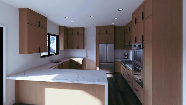 kitchen featuring kitchen peninsula, fridge, sink, and dark hardwood / wood-style flooring