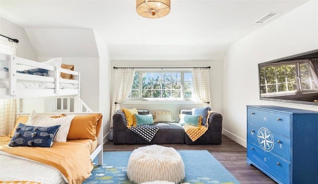 514 Emerald Dr, Lake Arrowhead, CA 92352 - bedroom with dark wood-style floors, lofted ceiling, and baseboards