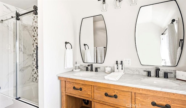 514 Emerald Dr, Lake Arrowhead, CA 92352 - bathroom with a shower with door and double vanity