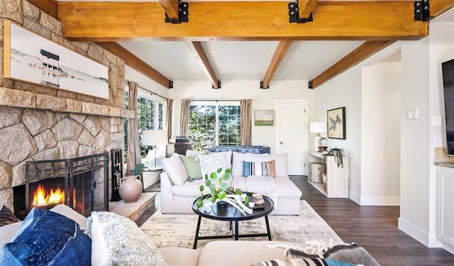 living room featuring a fireplace, beam ceiling, and dark hardwood / wood-style flooring