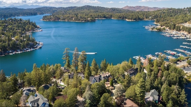 aerial view featuring a water and mountain view