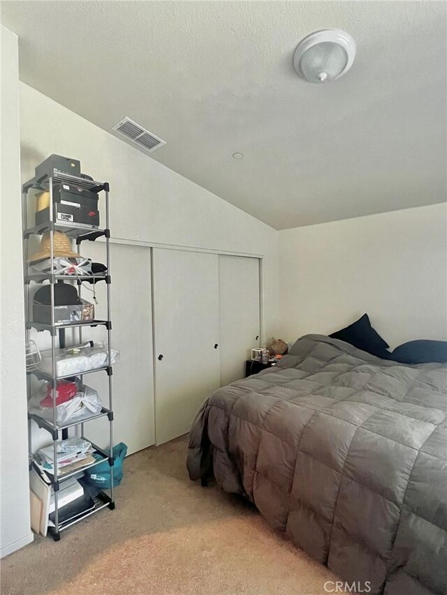 carpeted bedroom with a closet, a textured ceiling, and vaulted ceiling