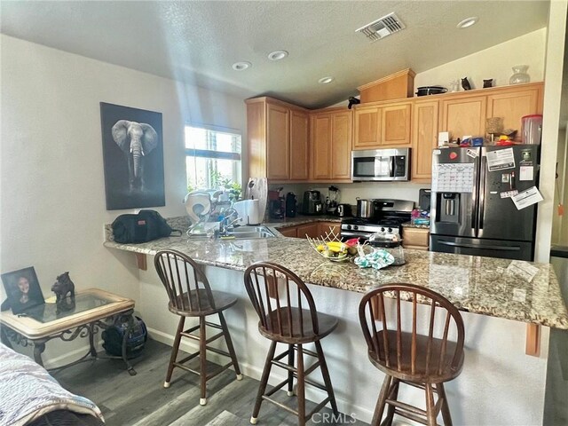 kitchen featuring kitchen peninsula, a kitchen breakfast bar, stainless steel appliances, and lofted ceiling