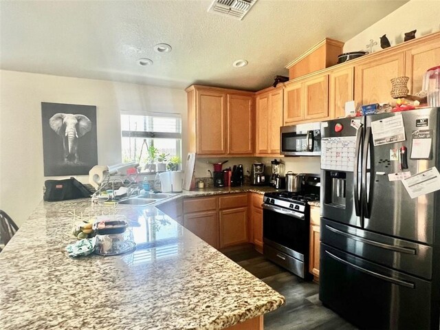 kitchen featuring light stone countertops, kitchen peninsula, dark wood-type flooring, and appliances with stainless steel finishes