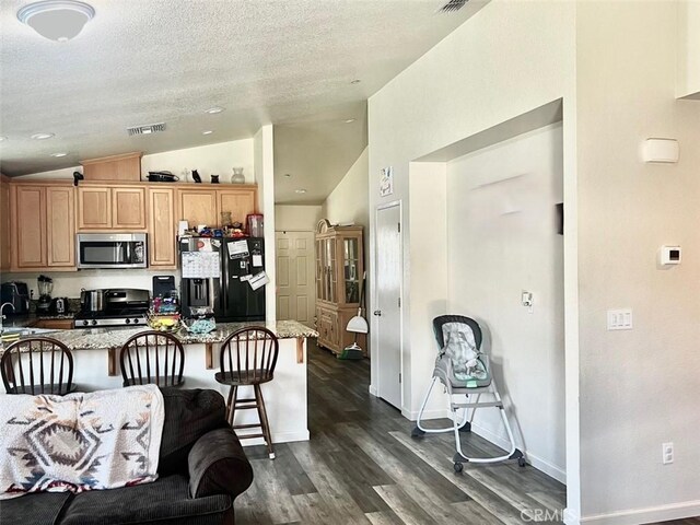 kitchen featuring appliances with stainless steel finishes, a textured ceiling, dark wood-type flooring, a breakfast bar area, and lofted ceiling