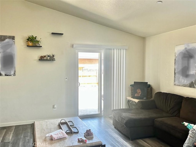 living room with wood-type flooring, a textured ceiling, and lofted ceiling