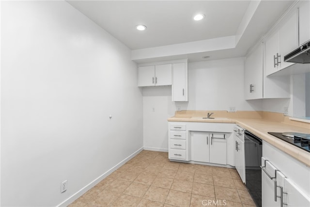 kitchen featuring white cabinets, light tile patterned floors, black appliances, and sink