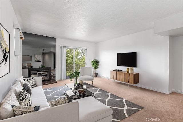 living room with a textured ceiling and light carpet