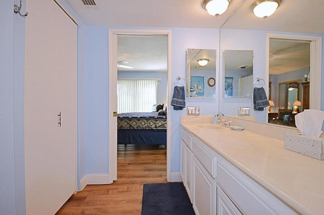 bathroom with hardwood / wood-style floors and vanity