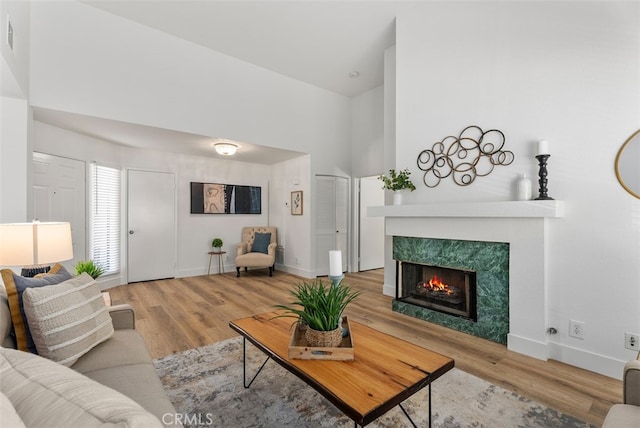 living room with a premium fireplace and hardwood / wood-style floors