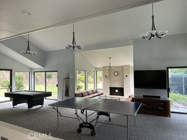 rec room featuring carpet flooring, billiards, and high vaulted ceiling