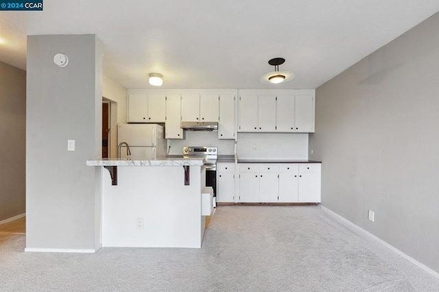 kitchen with stainless steel range with electric stovetop, light colored carpet, white cabinets, and white refrigerator