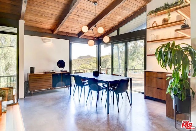 sunroom featuring wooden ceiling and lofted ceiling with beams