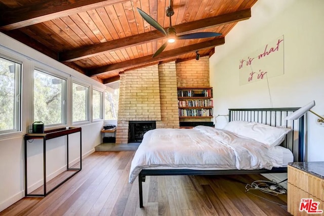 bedroom featuring lofted ceiling with beams, ceiling fan, light hardwood / wood-style floors, and wooden ceiling