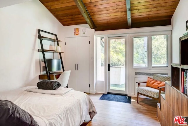 bedroom with access to outside, vaulted ceiling with beams, light hardwood / wood-style flooring, and wooden ceiling