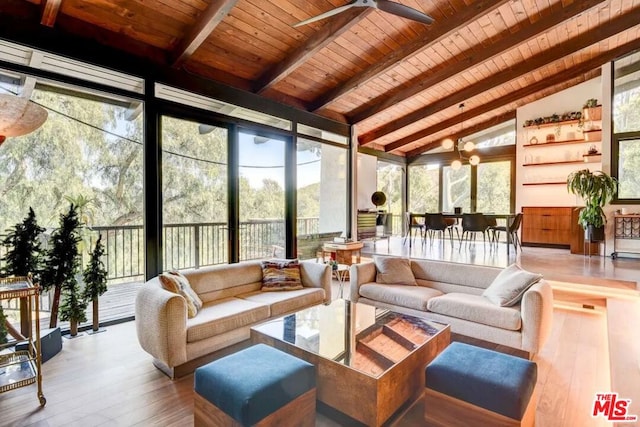 sunroom / solarium with lofted ceiling with beams, plenty of natural light, and wood ceiling