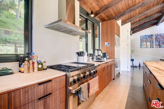 kitchen with wall chimney exhaust hood, wood ceiling, sink, vaulted ceiling with beams, and stainless steel stove