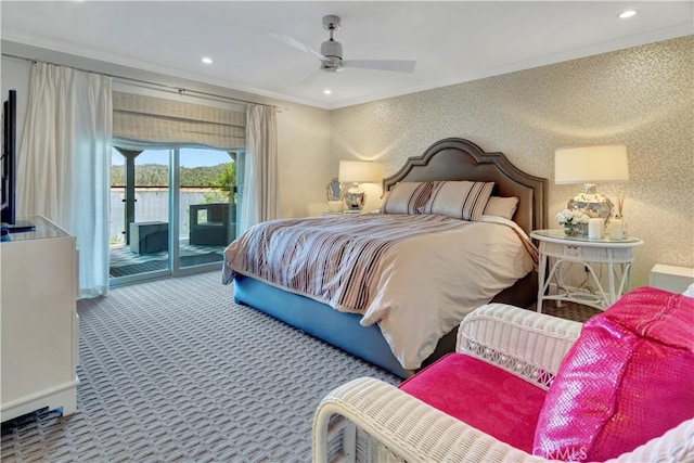 carpeted bedroom with access to outside, ceiling fan, and crown molding