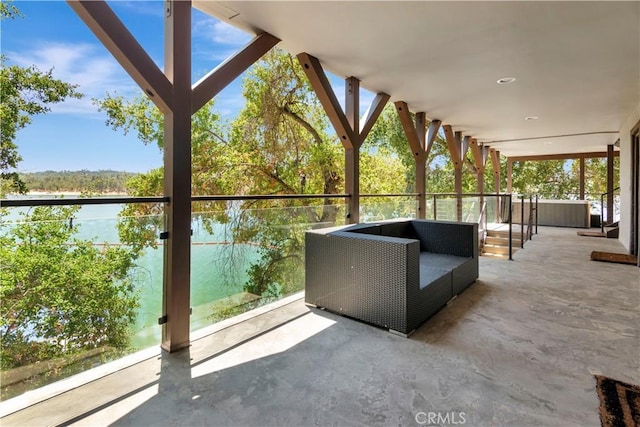 view of patio / terrace featuring a water view