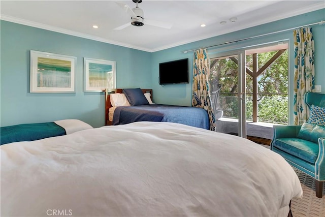 bedroom with access to outside, ceiling fan, and crown molding