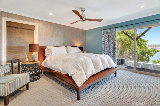 bedroom featuring ceiling fan, crown molding, access to outside, and light carpet