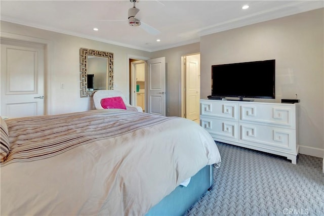 bedroom with ceiling fan, crown molding, and carpet