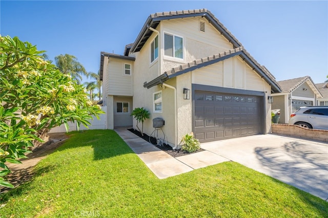 view of front of home with a garage and a front lawn