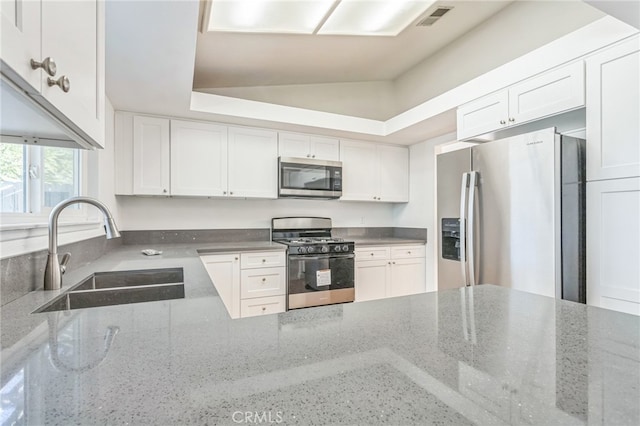 kitchen with white cabinets, stainless steel appliances, sink, and vaulted ceiling