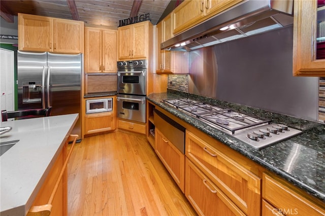 kitchen with wood ceiling, light wood-type flooring, lofted ceiling with beams, ventilation hood, and appliances with stainless steel finishes