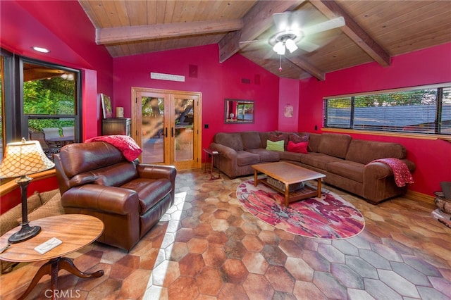 living room with ceiling fan, vaulted ceiling with beams, wood ceiling, and french doors