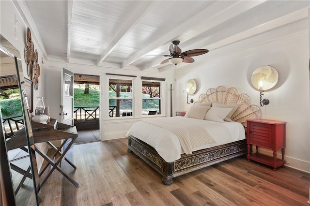 bedroom with ceiling fan, beam ceiling, access to exterior, and wood-type flooring