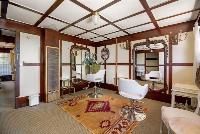 interior space featuring carpet and coffered ceiling