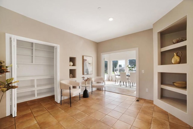 tiled home office featuring built in features