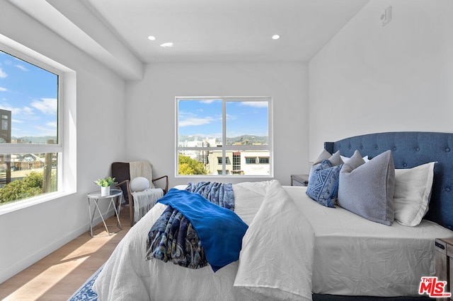 bedroom with multiple windows and light hardwood / wood-style floors