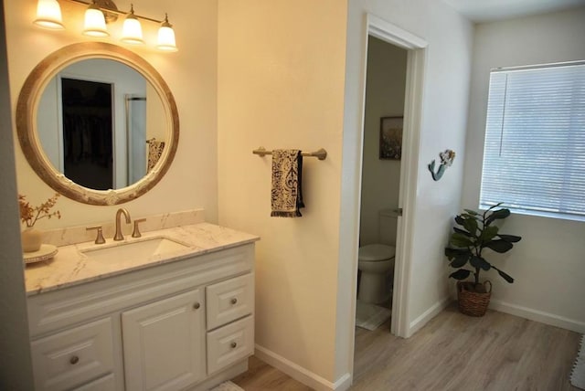 bathroom featuring vanity, toilet, and wood-type flooring