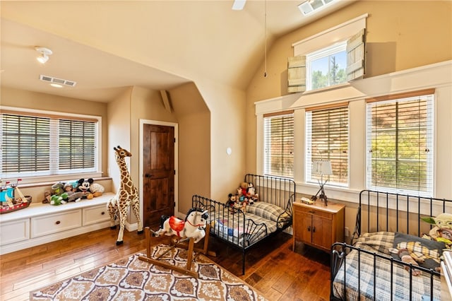 interior space featuring lofted ceiling, hardwood / wood-style flooring, and ceiling fan