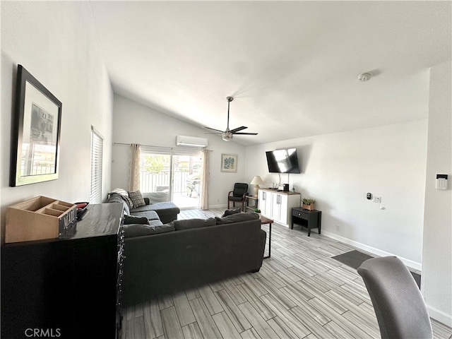 living room featuring light hardwood / wood-style floors, a wall unit AC, lofted ceiling, and ceiling fan