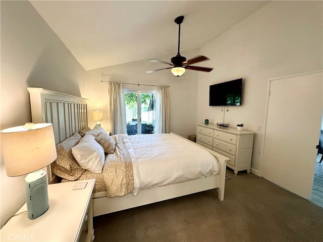 carpeted bedroom featuring lofted ceiling, access to outside, and ceiling fan