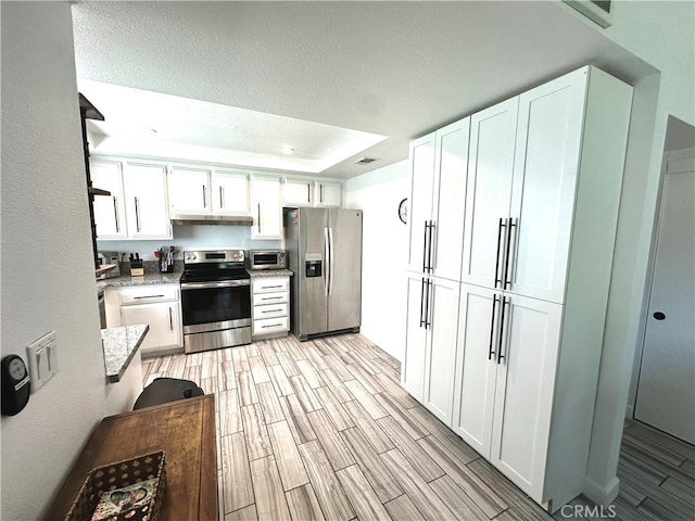 kitchen with a tray ceiling, light hardwood / wood-style floors, stainless steel appliances, white cabinets, and light stone counters