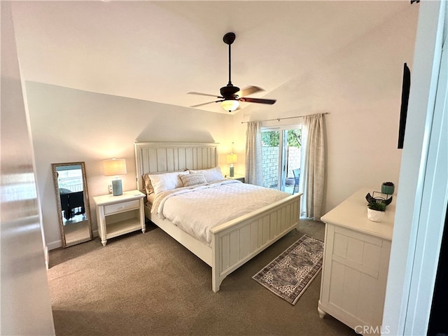 carpeted bedroom with access to outside and ceiling fan